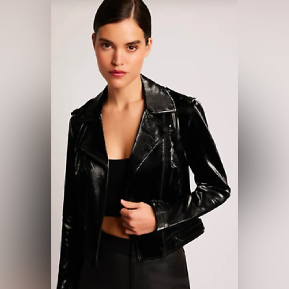 Topshop Women's Black 100% Polyester Cropped Biker Jacket Ladies Zipper Pocket